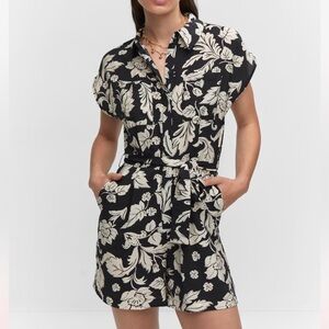 MANGO Floral-print jumpsuit with tie, Size S, Color Floral Black